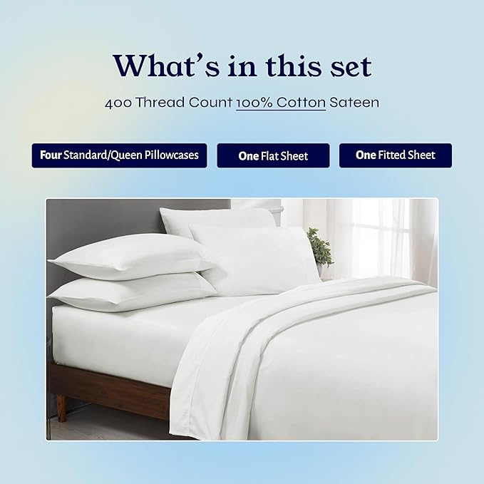 California Design Den 6-Pc Queen Size Sheet Set with 4 Pillowcases - 400 Thread Count 100% Cotton Sheets, Sateen Weave, Deep Pocket Bedsheets Set - Ivory (Pale Tone)