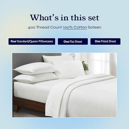 California Design Den 6-Pc Queen Size Sheet Set with 4 Pillowcases - 400 Thread Count 100% Cotton Sheets, Sateen Weave, Deep Pocket Bedsheets Set - Ivory (Pale Tone)
