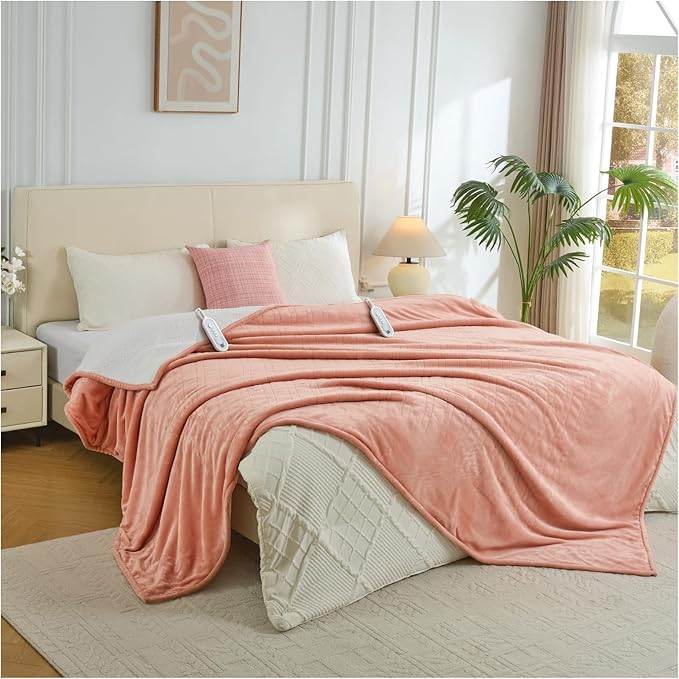 Heated Electric Blanket King Size, Dual Control Fast Heating Sherpa Blanket, 8 Heating Levels & 10 Hours Auto Off, Machine Washable with ETL & FCC Certified, Pink