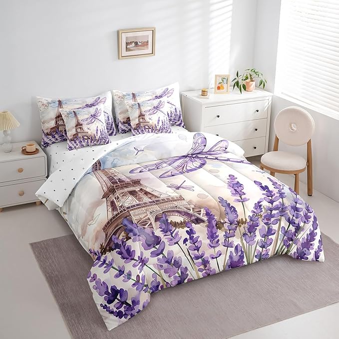 Feelyou Eiffel Tower Twin Size Comforter Set with Sheets Paris 7 Piece Bedding Set for Kids Girls Teens Toddler Purple Dragonfly Bed in a Bag Romantic Art Bed Set