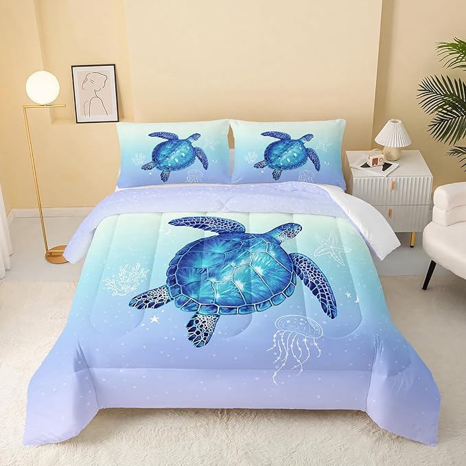 QOOMO Turtle Comforter Queen Size,Ocean Comforter Set for Kids Teens Girls Boys,3Pcs Bedding Set Printed Comforter with 2 Pillowcases,Down Alternative,Soft and Lightweight(Blue，Queen Size)