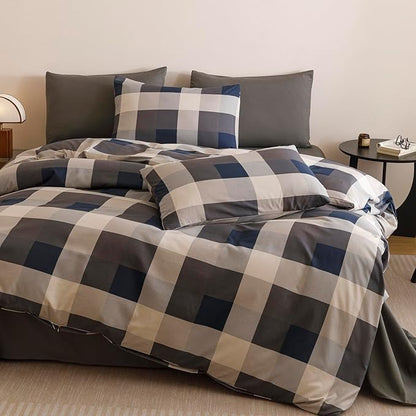 Wellboo Blue Plaid Comforter Sets Twin Size Navy Blue and Grey Checkered Bedding Comforters Modern Beige Grid Quilt Blankets Women Men Gray Checkerboard Bedding Soft Brown Geometric Bed