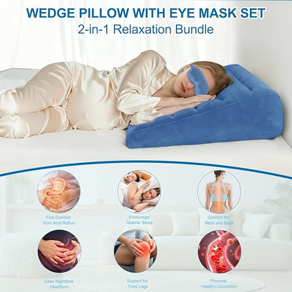 TheClover Inflatable Wedge Pillow for Traveling & Sleeping - 8 Inch Bed Wedge Pillow for Acid Reflux, Snoring, Back Support, Sleeping Upright After Surgery,Portable Inflatable Pillow with Eye Mask