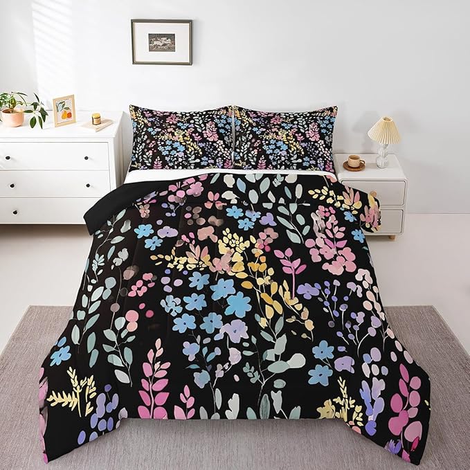Erosebridal Colorful Flower Twin Bedding Set for Girls Boys Kids,Cute Rainbow Floral Comforter Set Bohemian Home Decor,Watercolor Wildflower Quilt Bed Set Country Flowers Bed Comforter Set 2Pcs