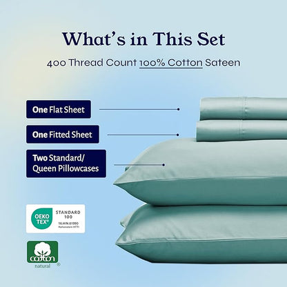 California Design Den Natural 100% Cotton Sheets, Soft Queen Sheet Set, 400 Thread Count Sateen, Deep Pockets with All-Around Elastic for a Snug Fit, Durable Bedding Set - Teal
