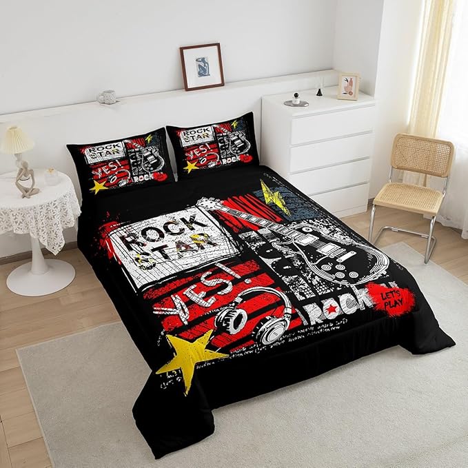 Guitar Comforter Set Twin Size Rock Music Quilt Set Graffiti Headset Bedding Set 2pcs Rock Roll Theme Duvet Insert Boys Girls Teens Kids Fashion Bedroom Collections,Black Red
