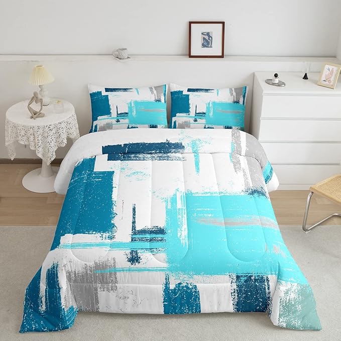 Feelyou Abstract Bedding Set Comforter Set for Kids Boys Girls Teens Room Decor Modern Abstract Art Comforter Teal Blue White Duvet Set 3Pcs King Size