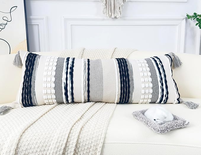 Chenille and Cotton Long Pillow for Bed, Striped Textured Boho Lumbar Throw Pillow Cover 16x36, Neutral Accent Decorative Extra Long Body Pillow Case for Couch, Sofa, Bedroom, Black and White