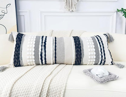 Chenille and Cotton Long Pillow for Bed, Striped Textured Boho Lumbar Throw Pillow Cover 16x36, Neutral Accent Decorative Extra Long Body Pillow Case for Couch, Sofa, Bedroom, Black and White