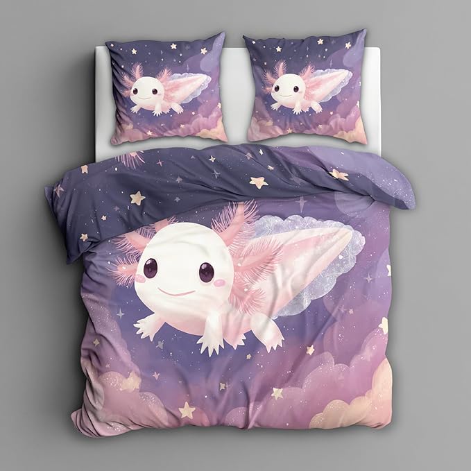Axolotl Duvet Cover Full Size, Kids Boys Girls Bedding Set 3 Pcs (2 Pillow Shams), Super Soft Microfiber Bedroom Decor, Zipper & Ties CSXQ1249