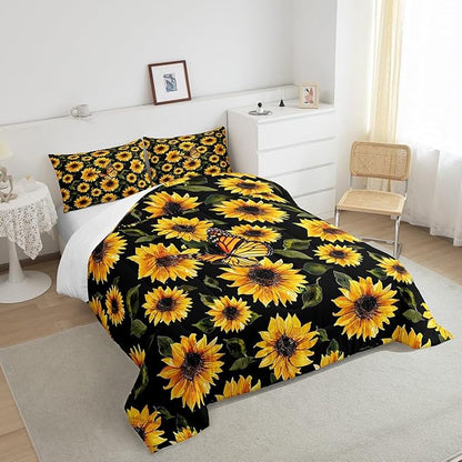 Feelyou Sunflower Bedding Set Girls Yellow Floral Butterfly Comforter Chic Flowers Pattern Comforter Set for Kids Teens Botanical Nature Duvet Set Ultra Soft Room Decor Toddler Size…