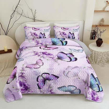 Lavender Purple Butterfly Quilts Bedding Full 3Pcs Colorful Butterfly Pattern Quilt Bed Set Aesthetics Butterflies Lightweight Soft Bedspreads Coverlet with 2 Pillowcases for Boys Girls Adult Room