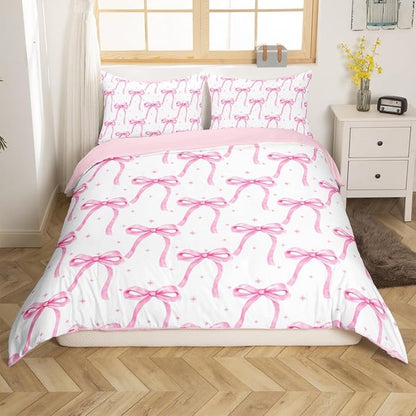 Cartoon Bowknot Girls Duvet Cover Set Twin Size Kids Bow Tie Princess Bedding Sets 2Pcs for Child Girly Woman Room Decor, Butterfly Knot Comforter Cover with 1 Pillowcase (No Comforter) Pink
