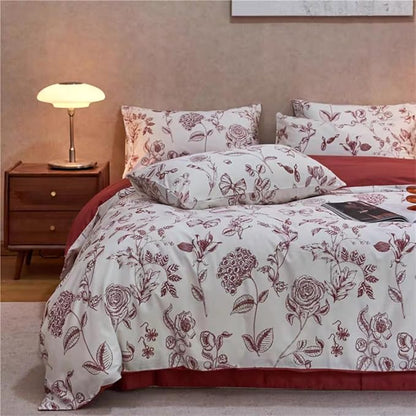 Floral Duvet Cover Queen Size Bow Red Flower Bedding Set 3 Pieces Girls Women Men Botanical Vintage Floral Duvet Cover with 2 Pillowcases