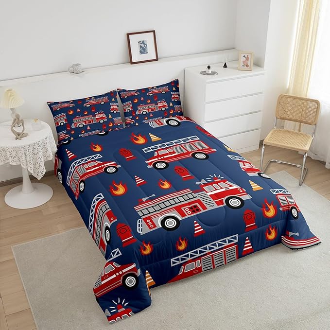 Feelyou Cartoon Car Bedding Set Fire Truck Comforter Set for Kids Boys Girls Teens Room Decor Firefighter Comforter Firemen Car Vehicle Fire Engine Blue Red Duvet Set 3Pcs Queen Size