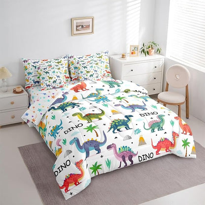 Feelyou Kids Cartoon Dinosaur 7 Piece Bedding Set Colorful Dinosaur Comforter Set with Sheets for Boys Girls Jungle Dino Bed in a Bag Animal Theme Bed Set Soft Lightweight