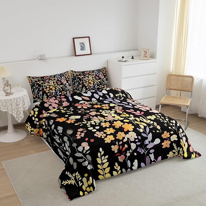 Erosebridal Boho Yellow Flower Comforter Set King Size for Girls Women,Cute Colorful Flowers Bedding Set Rustic Decor for Bedroom,Watercolor Floral Quilt Bed Set Wildflower Bed Comforter Set 3Pcs