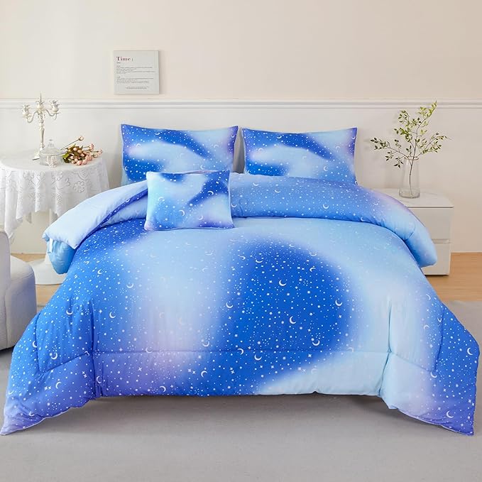URBONUR 6Pcs Gradient Glitter Comforter Set for Girls Full Size Blue Galaxy Kids Bedding Set for Boys Comforter Sets Soft Bed in A Bag Full (Ombre Blue)