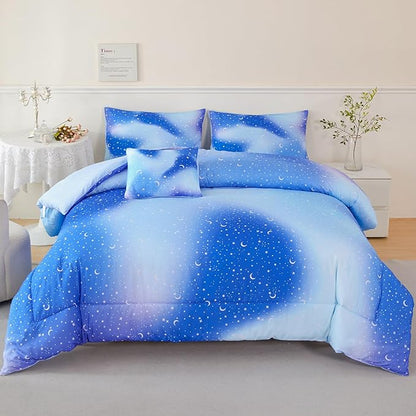 URBONUR 6Pcs Gradient Glitter Comforter Set for Girls Full Size Blue Galaxy Kids Bedding Set for Boys Comforter Sets Soft Bed in A Bag Full (Ombre Blue)