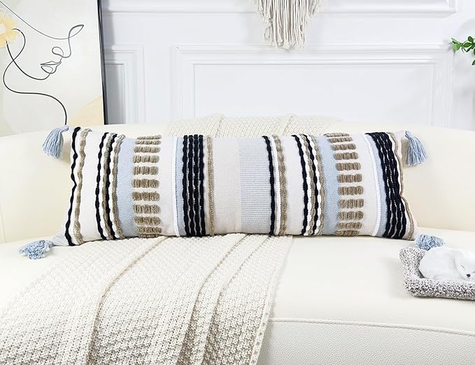 Chenille and Cotton Long Pillow for Bed, Striped Textured Boho Lumbar Throw Pillow Cover 12x36, Neutral Accent Decorative Extra Long Body Pillow Case for Couch, Sofa, Bedroom, Khaki