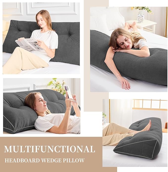 Sasttie Headboard Pillow Twin/Twin XL, Wedge Pillow Headboard for Dorm, Triangular Daybed Backrest Cushion for Sitting or Reading in Bed, with Removable Washable Cover, Dark Grey