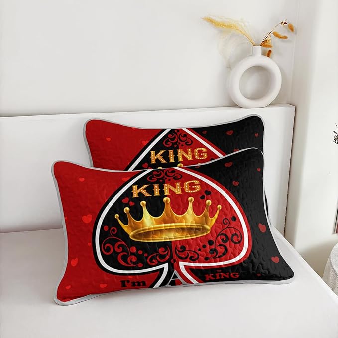 AILONEN Red & Black Quilt Set for Couples Lovers - Full King Crown Printed Bedspread Coverlet,His Hers Themmed Love Heart Quilted Bedding + 2 Pillowcases