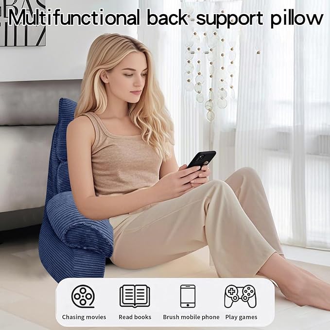 RRPAHWTV Reading Pillow for Bed with High Arm Rests,Back Support Pillow for Sitting Up in Bed with Shredded Memory Foam for Reading, TV, Gaming or Relaxing on Floor (Navy Blue, Large)