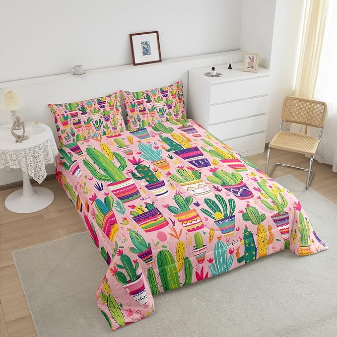 Cartoon Cactus Bedding Set Queen Size Colorful Bohemia Exotic Comforter Set for Girls Boys Room Decor Cute Hand Drawn Down Comforter Tropical Flowers Quilt Set with 2 Pillowcases