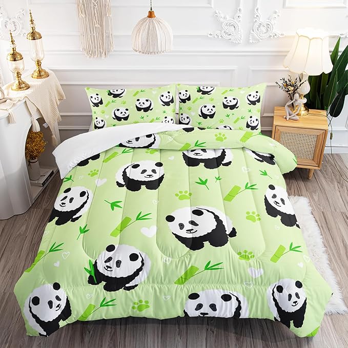 Kawaii Cartoon Black White Panda 3Pcs Bedding Animal Themed Comforter Queen Bamboo Heart Pattern Bedding Set for Kid Teen Girl Boy Bed Decor Green Paw Quilt with 1 Comforter and 2 Pillowcases