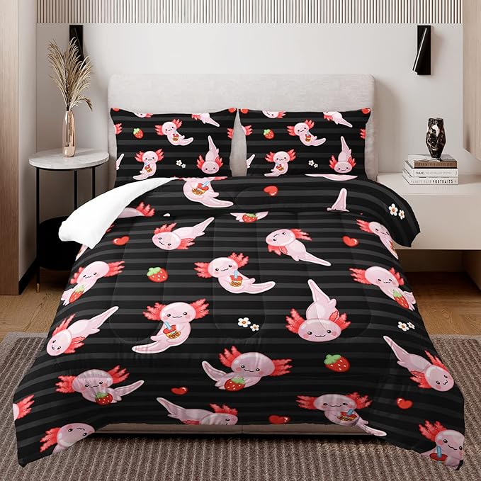 HOSIMA Kids Black Comforter Sets 3 Pieces,Cartoon Axolotl Bedding Sea Wildlife Cute Animals Theme Room Decor,Kawaii Bedding Set Strawberry Comforter King Size with 2 Pillowcases.