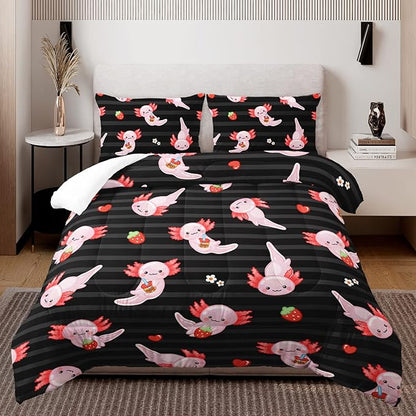 HOSIMA Kids Black Full Size Comforter Sets 3 Pieces,Cartoon Axolotl Bedding Sea Wildlife Cute Animals Theme Room Decor,Kawaii Bedding Set Strawberry Comforter with 2 Pillowcases.