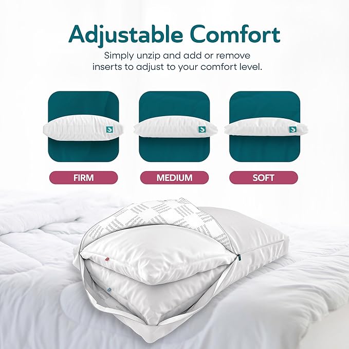 Sleepgram 2-Pack Cooling Bed Pillows & Removable Cover for Sleeping Sets, King Size - Adjustable and Washable Bedding Pillow Set for Comfortable Sleep