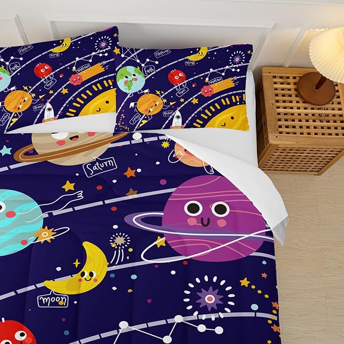 Cartoon Outer Space Theme Comforter Set Full for Kids，Boys Full Size Bedding Set Galaxy，Galaxy Quilt Full Size，with 1 Comforter with 2 Pillow Case