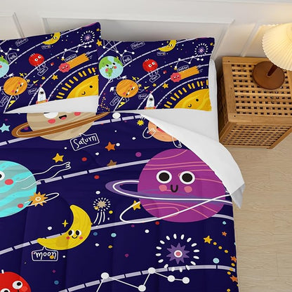 Cartoon Outer Space Theme Comforter Set Full for Kids，Boys Full Size Bedding Set Galaxy，Galaxy Quilt Full Size，with 1 Comforter with 2 Pillow Case