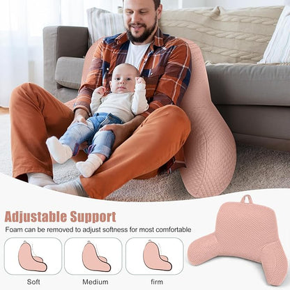 Reading Pillow, Silk Back Support Pillow for Bed Sitting Up, Large Bed Rest Pillow with Arms for Adults,Back Support Pillow for Couch and Chair, Pink
