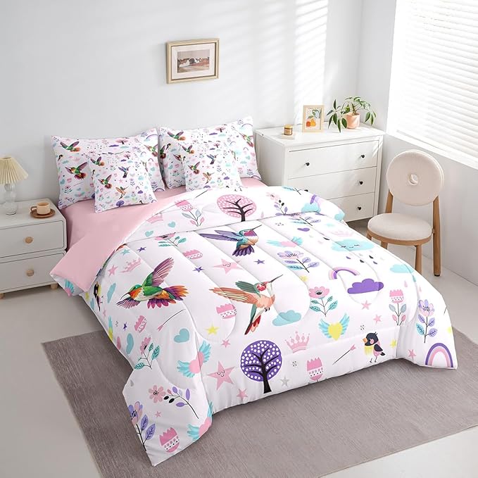 Erosebridal Girls Floral Hummingbird Bedding Set Full Size 7 Piece Bed in A Bag Cartoon Animal Comforter Set for Kids Teens Super Soft All Season for Bedroom,Cute Flower Reversible Bed Sets