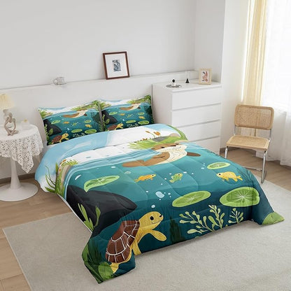 Cartoon Otter Kids Toddler Comforter Set Cute Turtle Fish Wild Animals Bedding Sets for Boys Girls Teens Green Lotus Leaf Natural Scenery Rustic Quilted Comforter with 1 Pillowcase 2 Pcs