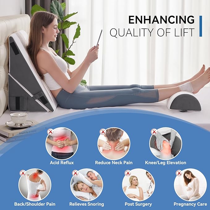 Wedge Pillow Set for After Surgery, 3 PCS Bed Wedge Pillow for Sleeping, Memory Foam Orthopedic Back Pillow for Pain Relief and Acid Reflux, Adjustable Post Surgery Pillow Grey