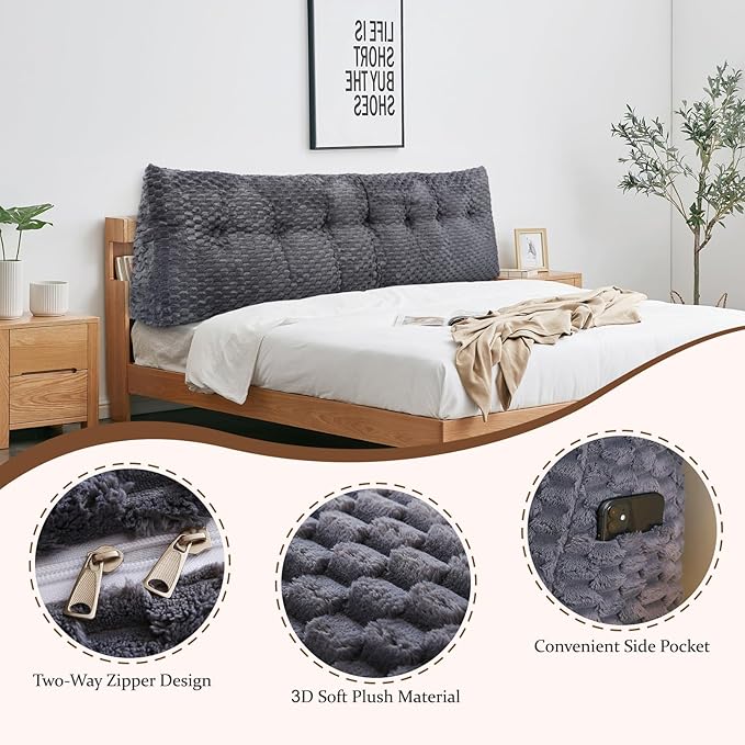 Large Headboard Wedge Pillow, Bed Rest Reading Pillow, Back Support Long Pillow, Bed Bolster Rest Reading Pillow with Removable Cover (Grey, King:76 * 20 * 8Inches)