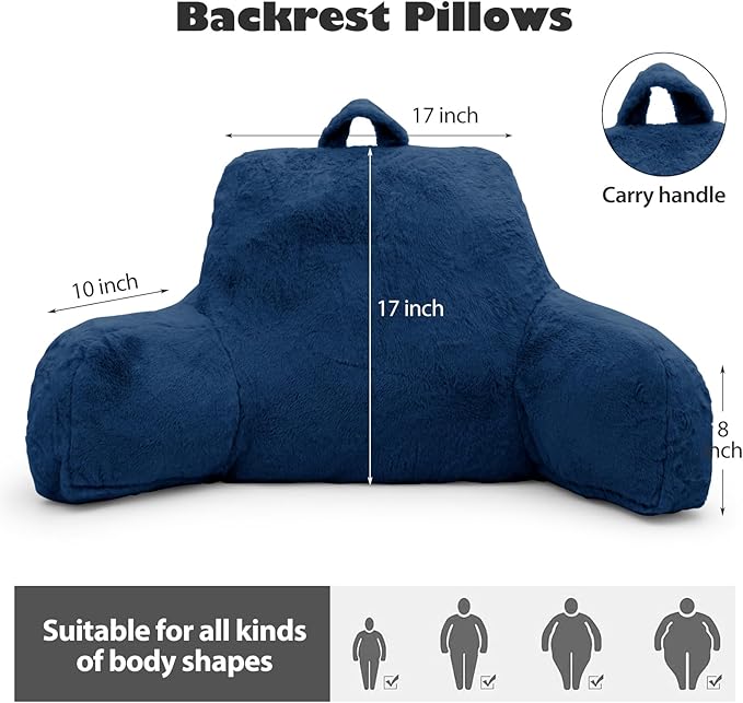 Reading Pillow for Sitting in Bed Adult, Standard Reading Pillow with Memory Foam, Back Pillow for Bed Sitting Up with Extend Arms, Blue