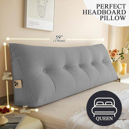 Headboard Pillow Queen, Large Triangular Wedge Headboard Pillow for Reading and Resting, Backrest Positioning Support Pillow with Removable Cover (Grey)