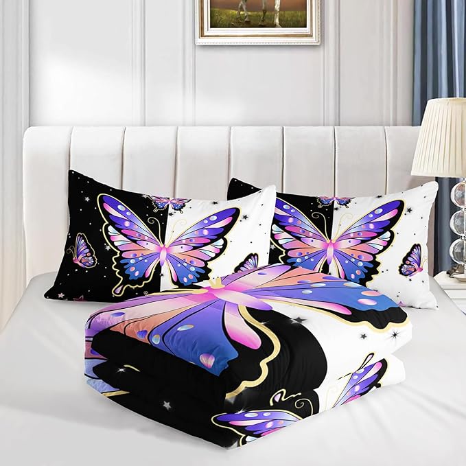Purple Butterfly Full Comforter Set for Girls Kids,Aesthetics Butterflies Star Glitter Pattern Bedding Set for Teens Girls Room Decor,Nature Animal Themed Bedding Set with 2 Pillowcases.