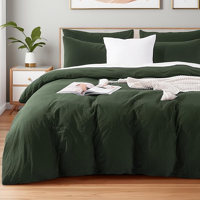 NEXHOME PRO Twin Duvet Cover Set – 100% Certified Organic Cotton with Washed Feel & Linen-Like Texture, Comfortable & Breathable, Home Bedding Set Olive Green (No Comforter)