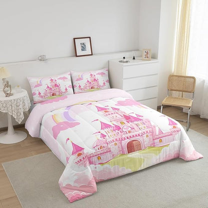 Feelyou Kids Full Pink Castle Comforter Set Boys Princess Rainbow Castle Bedding Set Girls Comforter Fairy Tales Duvet Set Girls Bed Set 3Pcs
