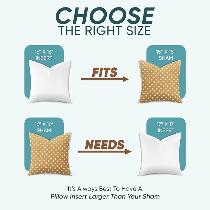 Pillowflex Synthetic Down Alternative Pillow Inserts for Shams - Comfy Pillows for Sleeping, Handmade Down Alternative Throw Pillow Inserts - (16x16 Set of 2)