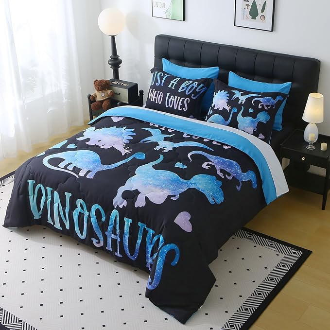 7 Piece Boys Dinosaur Comforter Set Full Size Blue Dinonsaur Soft Microfiber Bed in A Bag with Comforter,Sheet Set,Pillowcase and Sham for Child Teens All Season