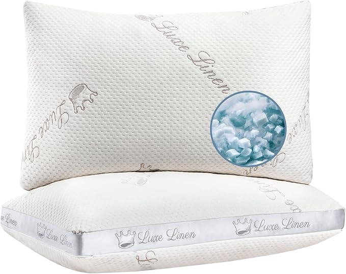 Organic Cotton Pillows Queen Size Set of 2, Shredded Memory Foam Pillows, Adjustable Bed Pillows for Sleeping, 20"x30"Organic Cotton Bed Pillows for Side, Back, Stomach Sleepers