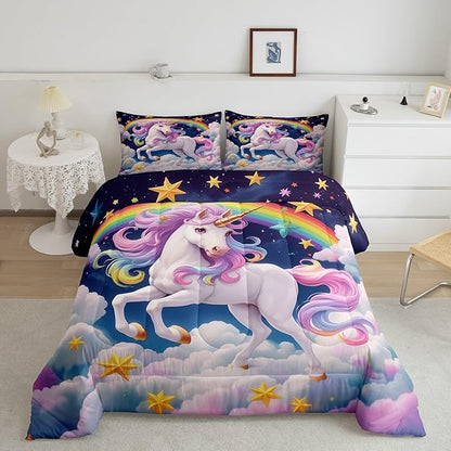Castle Fairy Unicorn Kids Comforter Set Queen Size,Dreamy Wildlife Horse Animal Reversible Bedding Set for Girls Bedroom Decor Rainbow Stars Cloud Blue Galaxy Quilted Duvet,2 Pillowcases