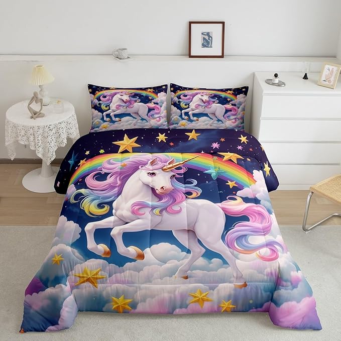 Unicorn Kids Bedding Sets Dreamy Wildlife Horse Animal Reversible Comforter for Boys Rainbow Stars Cloud Blue Galaxy Quilt Set Soft Duvet Insert,1 Pillowcase Toddler Size