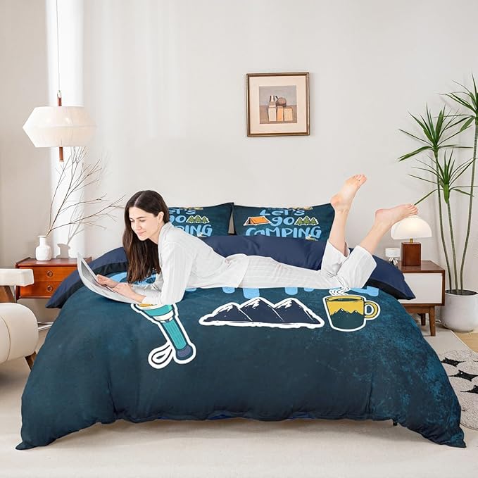 Happy Camping Comforter Cover Queen,Cartoon Camper Theme Duvet Cover Set Rustic Farmhouse Style Quilt Cover Navy Blue Bedding Set 3pcs for Kids Girls Teens Boys Room Decor with 2 Pillowcases